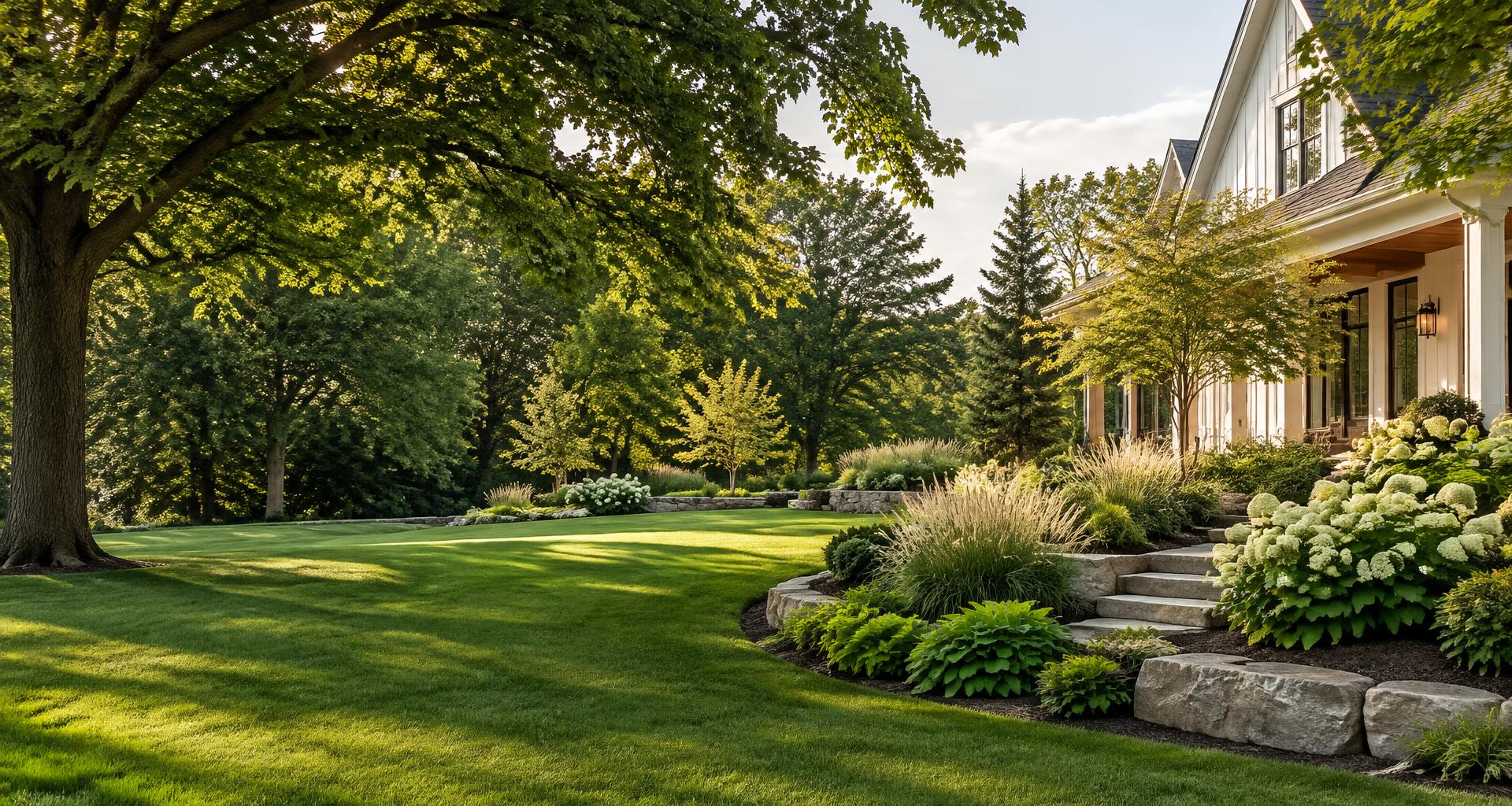 Carefully landscaped Missouri-style home with a lush lawn, stone garden beds, and hydrangeas